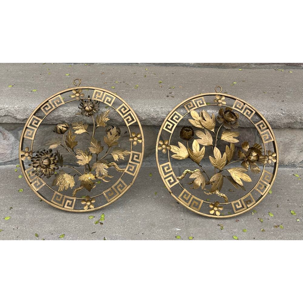 Vintage Pair gold Metal Floral Flower Wall Art Sculpture Decor 12" Mid Century